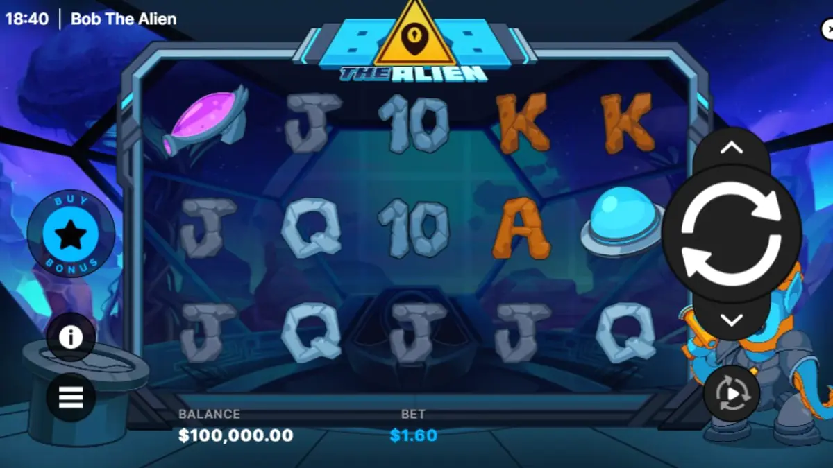Tampilan visual slot Bob The Alien dengan nuansa neon cyberpunk