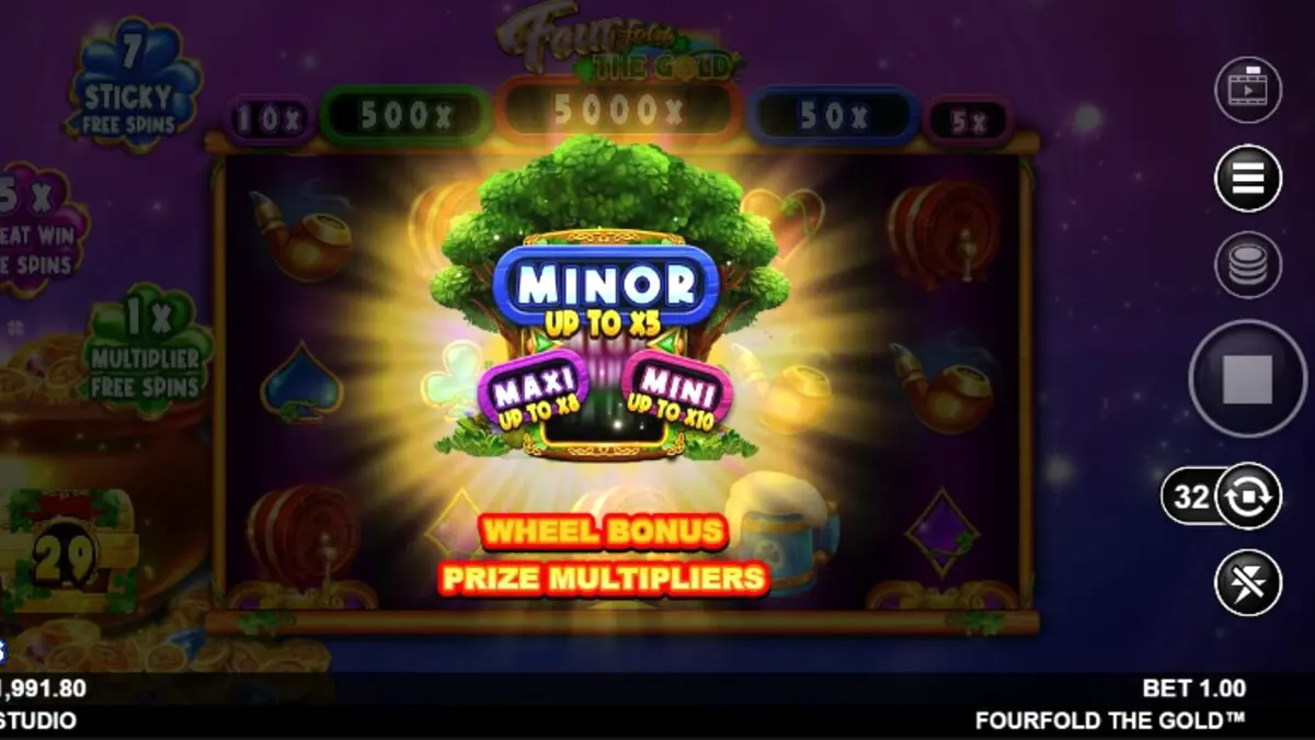 Leprechaun kosmik di latar belakang ruang angkasa dalam slot Fourfold the Gold