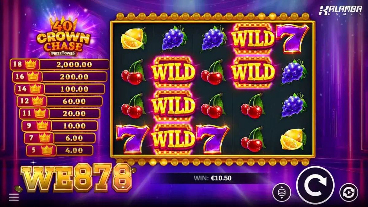 Tampilan visual slot 40 Crown Chase PrizeTower dengan simbol mahkota dan buah-buahan.